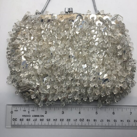 Vintage Beaded Sequin Clutch Evening Bag Wedding Snap White Made Hong Kong Purse - Picture 2 of 16